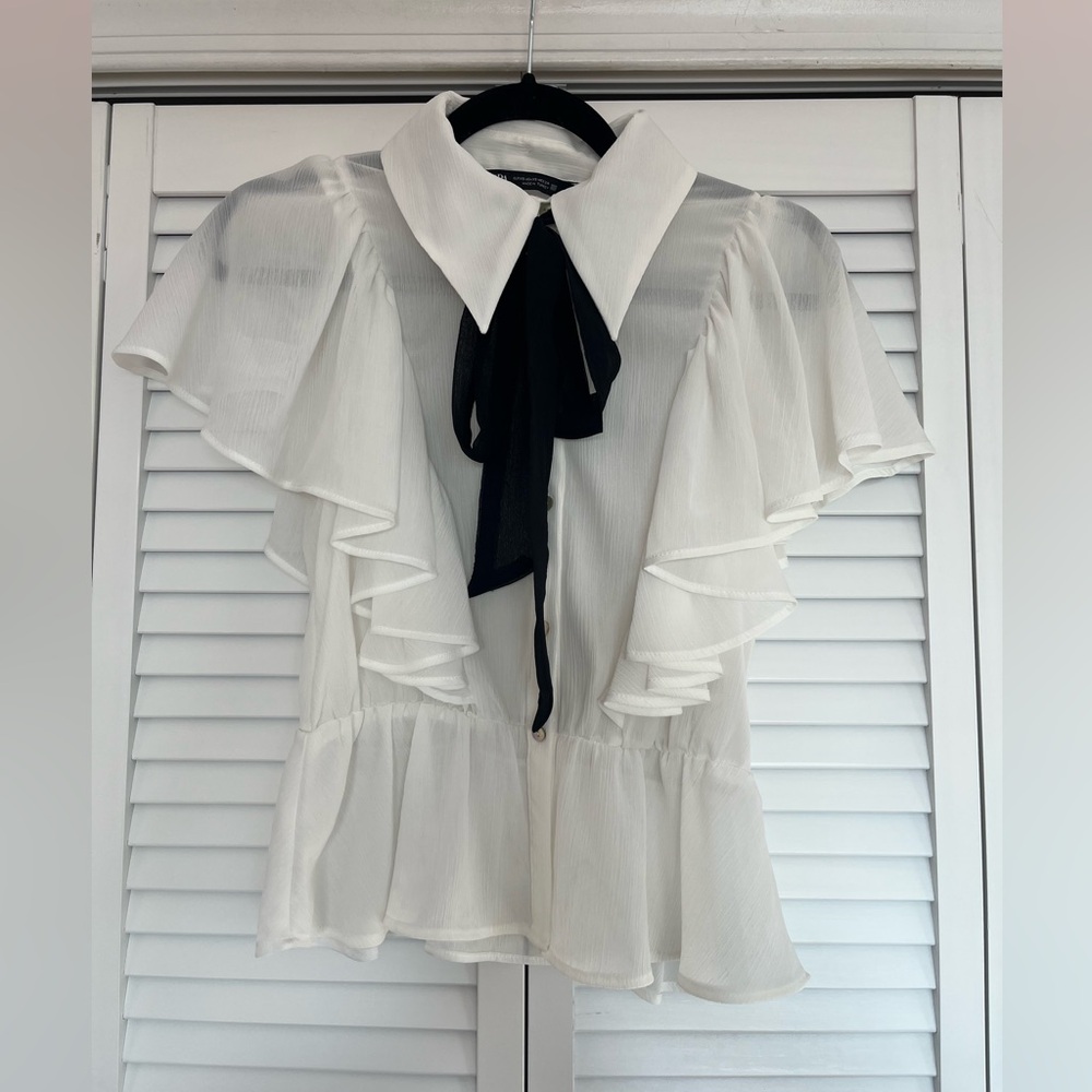 Elegant White Ruffle Blouse with Black Tie